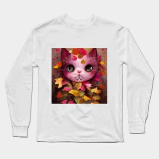 Adorable happy pink cute Kitty On The Autumn leaves cat lovers gift Long Sleeve T-Shirt